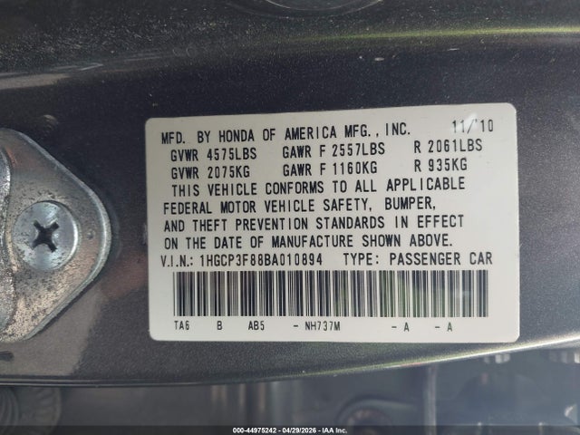 2011 Honda Accord 3.5 Ex-l მანქანა იყიდება აუქციონზე, vin: 1HGCP3F88BA010894, აუქციონის ნომერი: 44975242