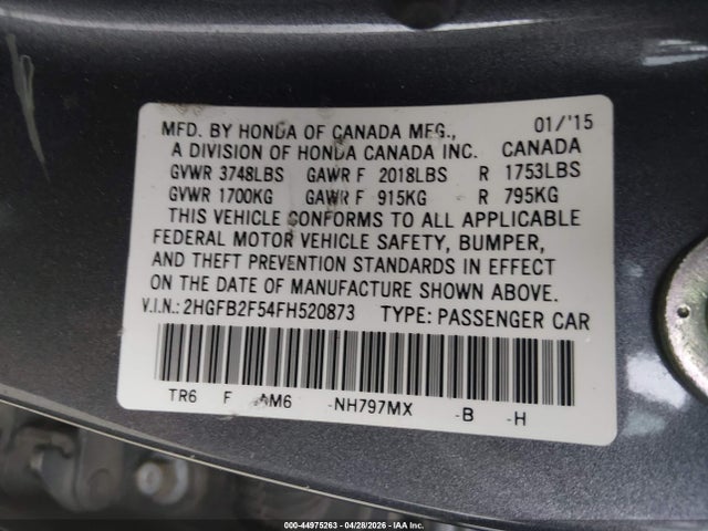 Продаж на аукціоні авто 2015 Honda Civic Lx, vin: 2HGFB2F54FH520873, номер лоту: 44975263