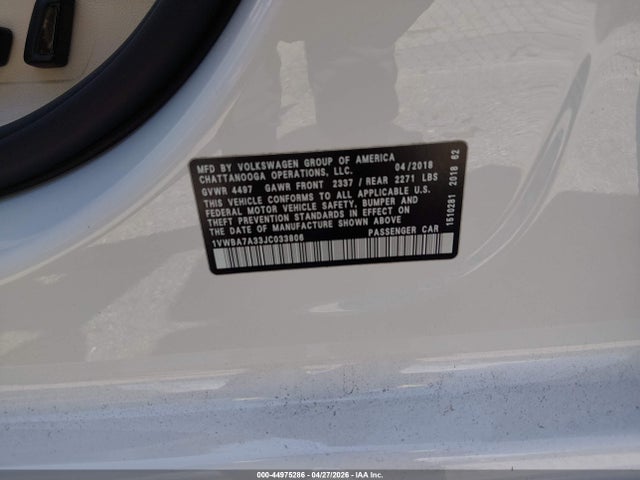 Продаж на аукціоні авто 2018 Volkswagen Passat 2.0t Se, vin: 1VWBA7A33JC033806, номер лоту: 44975286