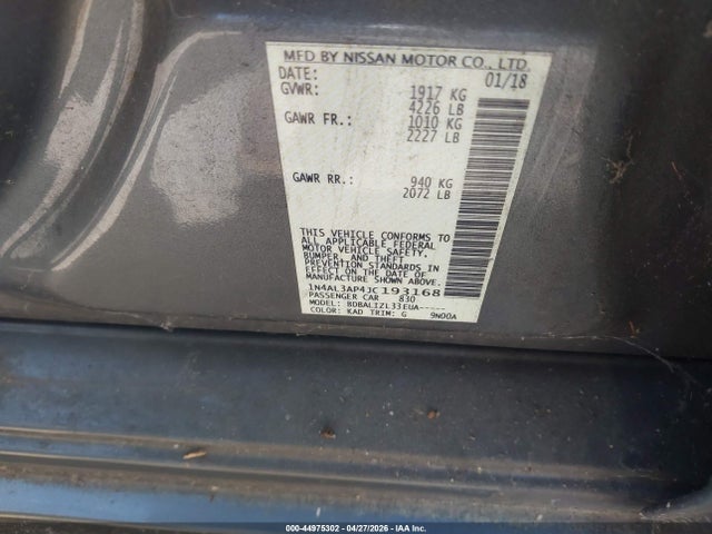 2018 Nissan Altima 2.5 Sv მანქანა იყიდება აუქციონზე, vin: 1N4AL3AP4JC193168, აუქციონის ნომერი: 44975302