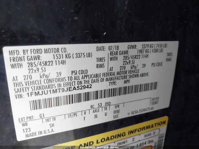 2018 Ford Expedition Platinum მანქანა იყიდება აუქციონზე, vin: 1FMJU1MT9JEA52942, აუქციონის ნომერი: 44975320