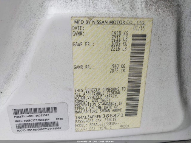 Aukcja sprzedaży 2015 Nissan Altima 2.5/2.5 S/2.5 Sl/2.5 Sv, vin: 1N4AL3AP6FN386871, numer aukcji: 44975326