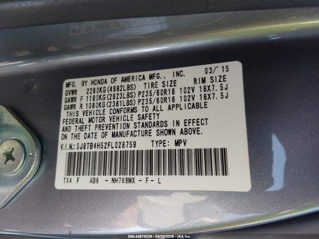 Aukcja sprzedaży 2015 Acura Rdx, vin: 5J8TB4H52FL028759, numer aukcji: 44975329