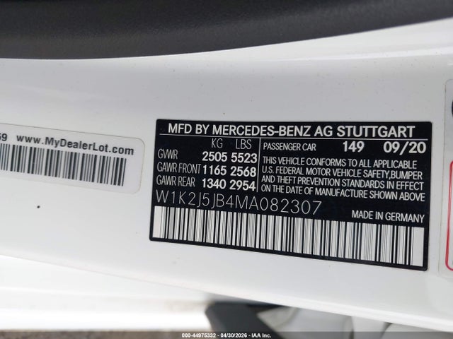 44975332 :رقم المزاد ، W1K2J5JB4MA082307 vin ، 2021 Mercedes-benz Cls 450 مزاد بيع