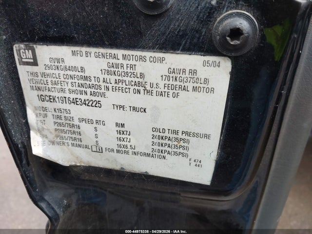 44975338 :رقم المزاد ، 1GCEK19T64E342225 vin ، 2004 Chevrolet Silverado 1500 Z71 مزاد بيع
