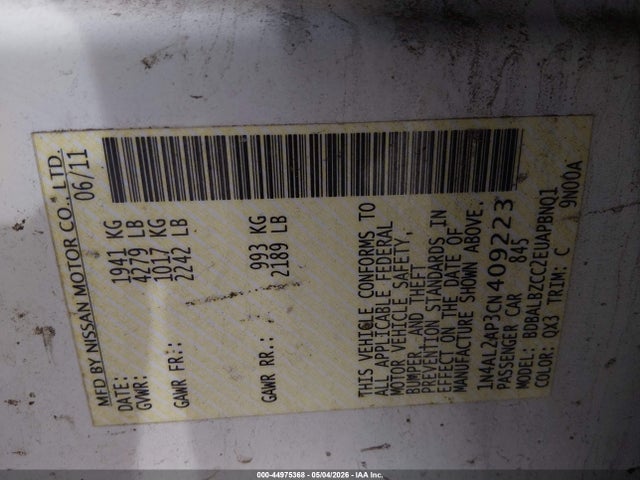 2012 Nissan Altima 2.5 S მანქანა იყიდება აუქციონზე, vin: 1N4AL2AP3CN409223, აუქციონის ნომერი: 44975368
