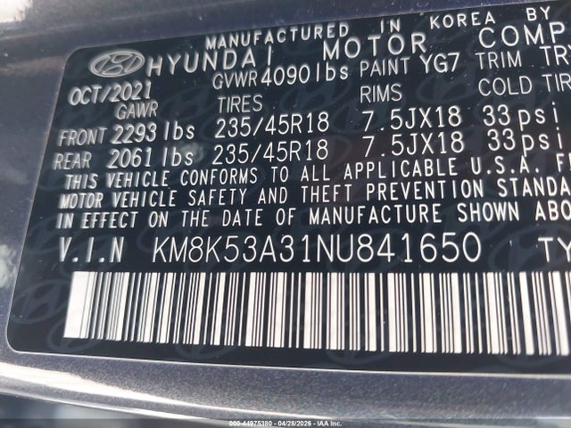 2022 Hyundai Kona Limited მანქანა იყიდება აუქციონზე, vin: KM8K53A31NU841650, აუქციონის ნომერი: 44975380