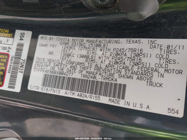 Aukcja sprzedaży 2011 Toyota Tacoma, vin: 5TFPX4EN6BX004277, numer aukcji: 44975398