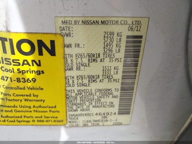 Aukcja sprzedaży 2012 Nissan Frontier Sl, vin: 1N6AD0ER0CC464924, numer aukcji: 44975405