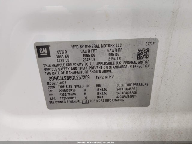 Продаж на аукціоні авто 2016 Chevrolet Trax Lt, vin: 3GNCJLSB6GL257209, номер лоту: 44975406
