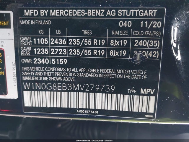 44975426 :رقم المزاد ، W1N0G8EB3MV279739 vin ، 2021 Mercedes-benz Glc 300 4matic Suv مزاد بيع