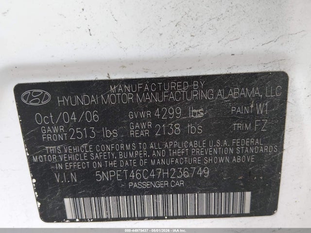 44975437 :رقم المزاد ، 5NPET46C47H236749 vin ، 2007 Hyundai Sonata Gls مزاد بيع