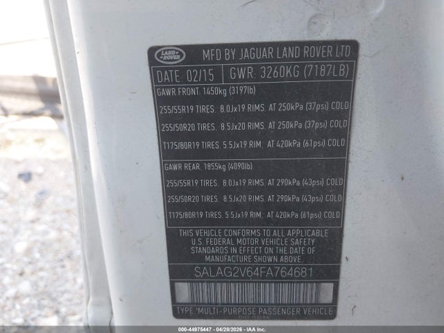 44975447 :رقم المزاد ، SALAG2V64FA764681 vin ، 2015 Land Rover Lr4 مزاد بيع