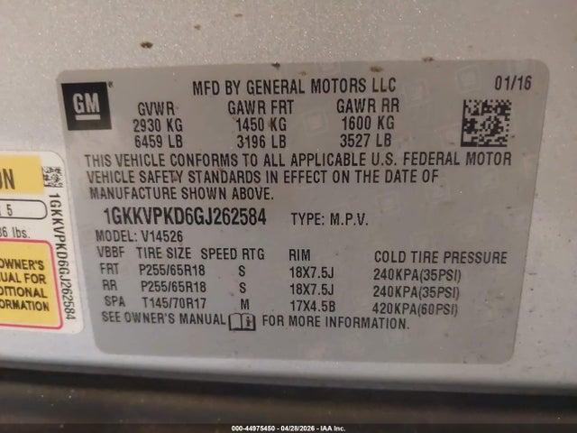 Продажа на аукционе авто 2016 Gmc Acadia Sle-2, vin: 1GKKVPKD6GJ262584, номер лота: 44975450