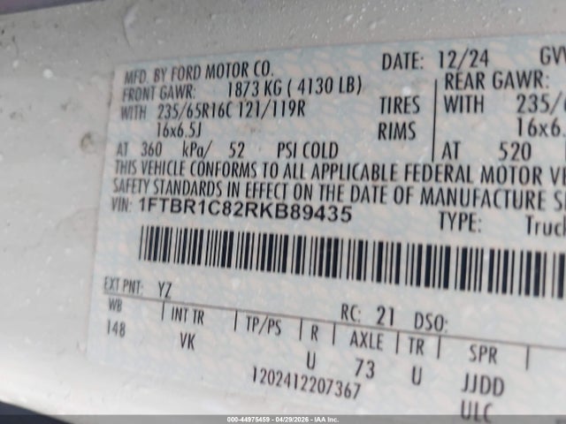 2024 Ford Transit-250 მანქანა იყიდება აუქციონზე, vin: 1FTBR1C82RKB89435, აუქციონის ნომერი: 44975459
