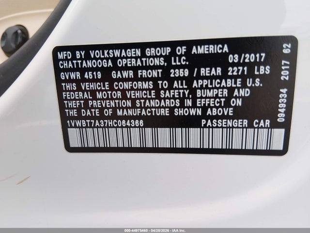 Aukcja sprzedaży 2017 Volkswagen Passat 1.8t Se, vin: 1VWBT7A37HC064366, numer aukcji: 44975460