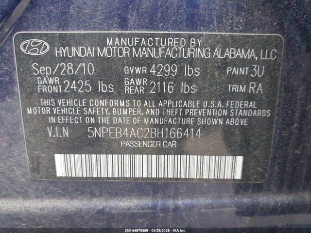 Aukcja sprzedaży 2011 Hyundai Sonata Gls, vin: 5NPEB4AC2BH166414, numer aukcji: 44975469