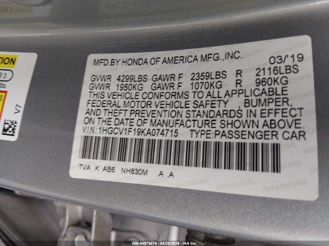 44975474 :رقم المزاد ، 1HGCV1F19KA074715 vin ، 2019 Honda Accord Lx مزاد بيع