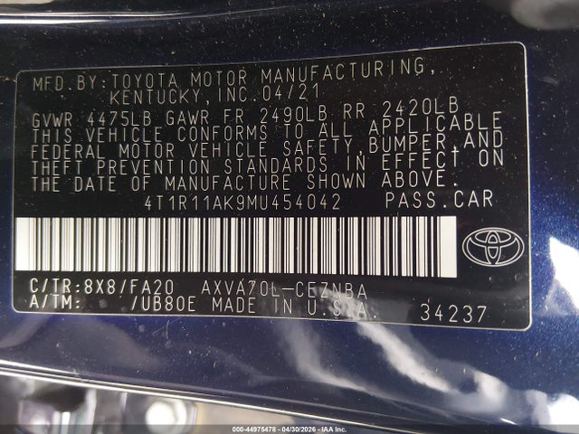 44975478 :رقم المزاد ، 4T1R11AK9MU454042 vin ، 2021 Toyota Camry Le مزاد بيع