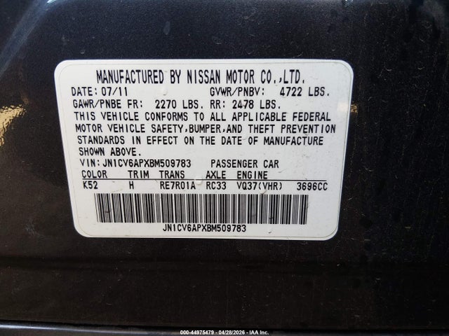 Продажа на аукционе авто 2011 Infiniti G37 Journey, vin: JN1CV6APXBM509783, номер лота: 44975479