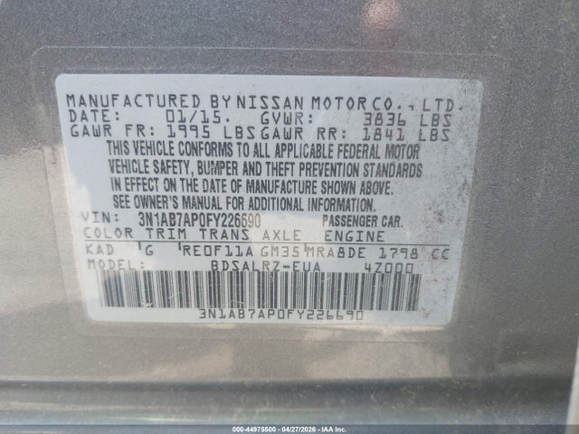 44975500 :رقم المزاد ، 3N1AB7AP0FY226690 vin ، 2015 Nissan Sentra Sr مزاد بيع