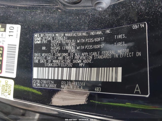 Продажа на аукционе авто 2015 Toyota Sienna Le 8 Passenger, vin: 5TDKK3DC7FS537592, номер лота: 44975501