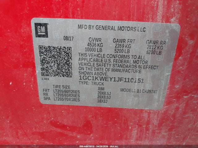 Продаж на аукціоні авто 2018 Chevrolet Silverado 2500hd Ltz, vin: 1GC1KWEY1JF110151, номер лоту: 44975510