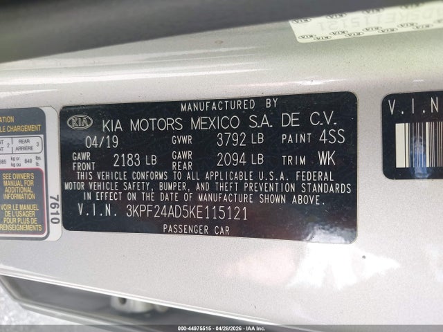 Aukcja sprzedaży 2019 Kia Forte Lxs, vin: 3KPF24AD5KE115121, numer aukcji: 44975515