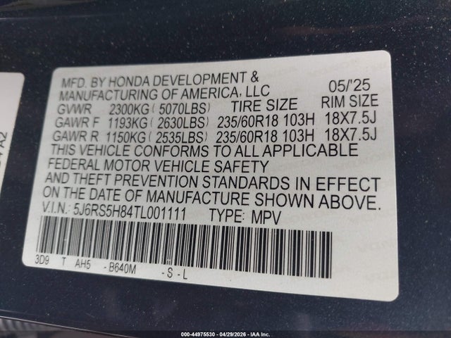 Продаж на аукціоні авто 2026 Honda Cr-v Hybrid 2wd Sport-l, vin: 5J6RS5H84TL001111, номер лоту: 44975530