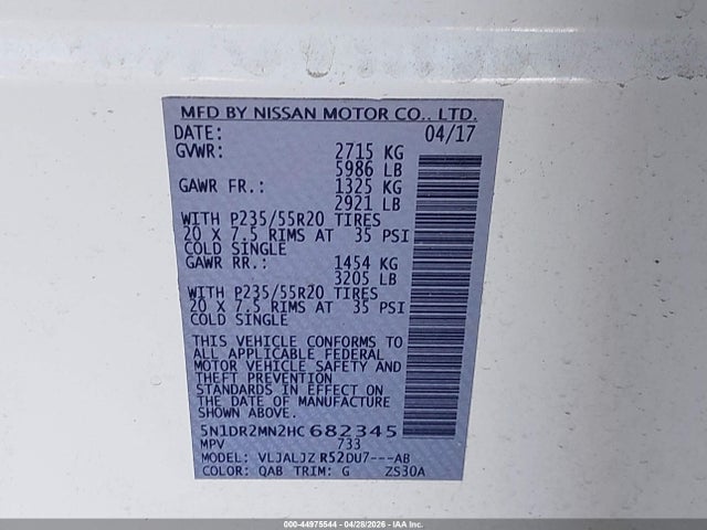 44975544 :رقم المزاد ، 5N1DR2MN2HC682345 vin ، 2017 Nissan Pathfinder Platinum مزاد بيع