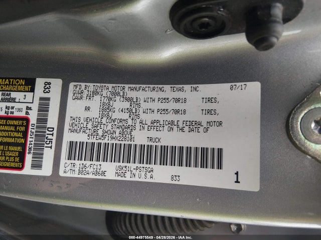 44975549 :رقم المزاد ، 5TFEW5F19HX228101 vin ، 2017 Toyota Tundra Sr5 5.7l V8 مزاد بيع