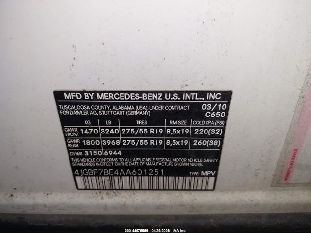 44975559 :رقم المزاد ، 4JGBF7BE4AA601251 vin ، 2010 Mercedes-benz Gl 450 4matic مزاد بيع