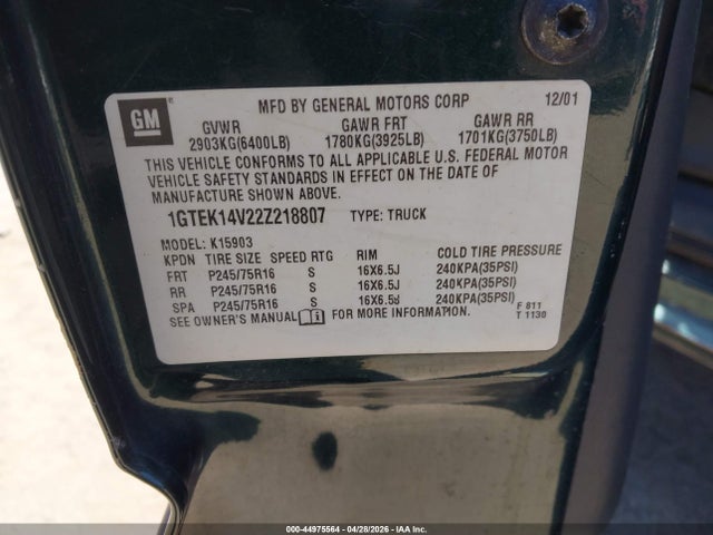 44975564 :رقم المزاد ، 1GTEK14V22Z218807 vin ، 2002 Gmc Sierra 1500 Sl مزاد بيع