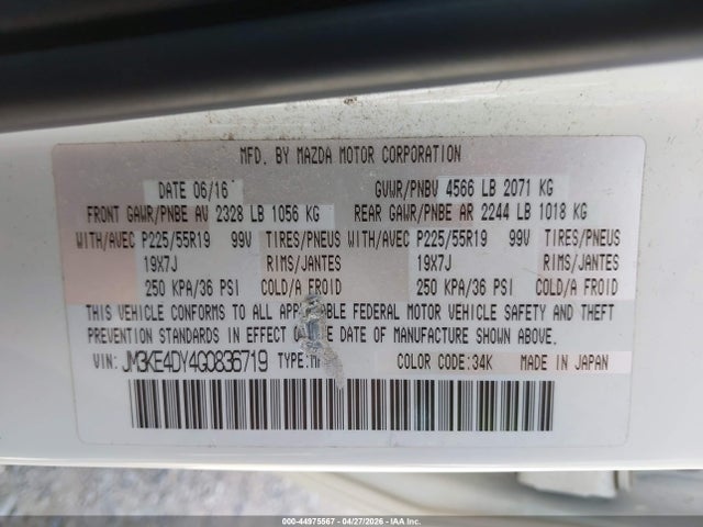 44975567 :رقم المزاد ، JM3KE4DY4G0836719 vin ، 2016 Mazda Cx-5 Grand Touring مزاد بيع
