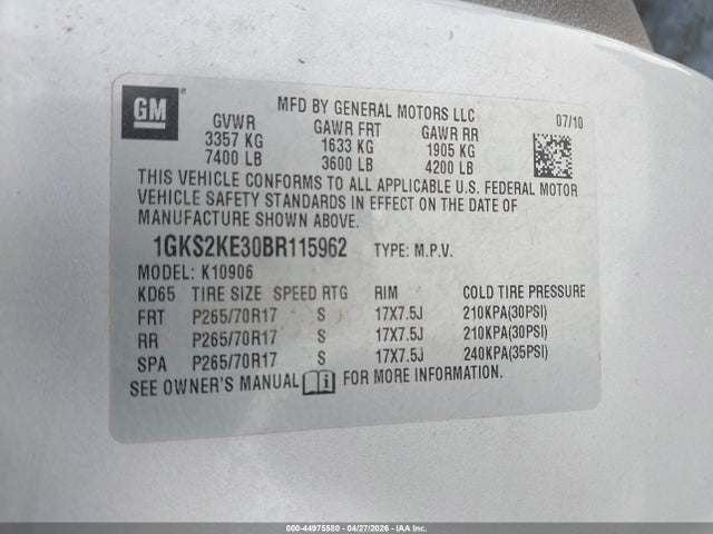 44975580 :رقم المزاد ، 1GKS2KE30BR115962 vin ، 2011 Gmc Yukon Xl 1500 Slt مزاد بيع