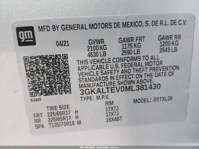 Aukcja sprzedaży 2021 Gmc Terrain Awd Sle, vin: 3GKALTEV0ML381430, numer aukcji: 44975585
