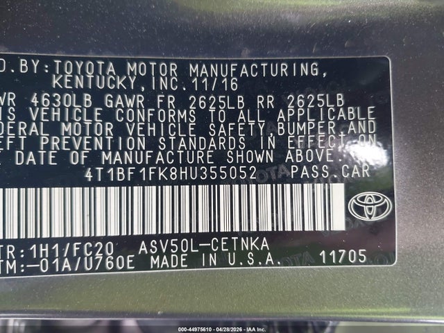 Продаж на аукціоні авто 2017 Toyota Camry Le, vin: 4T1BF1FK8HU355052, номер лоту: 44975610