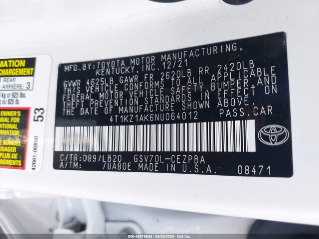 4T1KZ1AK6NU064012 Toyota Camry Xse V6