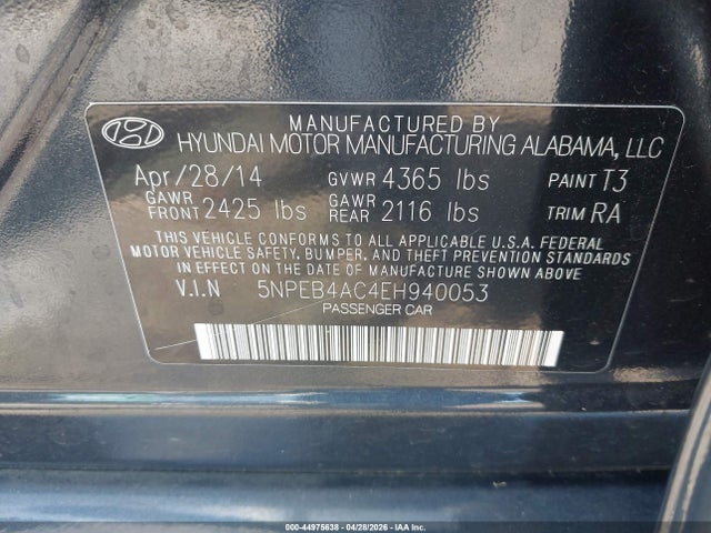 2014 Hyundai Sonata Gls მანქანა იყიდება აუქციონზე, vin: 5NPEB4AC4EH940053, აუქციონის ნომერი: 44975638