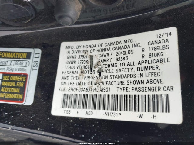 44975649 :رقم المزاد ، 2HGFG3A8XFH508901 vin ، 2015 Honda Civic Ex مزاد بيع