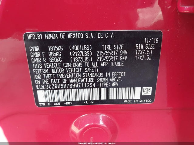 3CZRU5H76HM711294 Honda Hr-v Ex-l