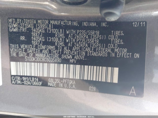 Aukcja sprzedaży 2012 Toyota Sienna Xle 7 Passenger, vin: 5TDDK3DC8CS035890, numer aukcji: 44975660