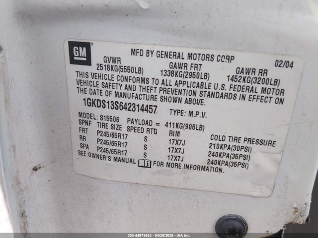 Продаж на аукціоні авто 2004 Gmc Envoy Slt, vin: 1GKDS13S642314457, номер лоту: 44975662