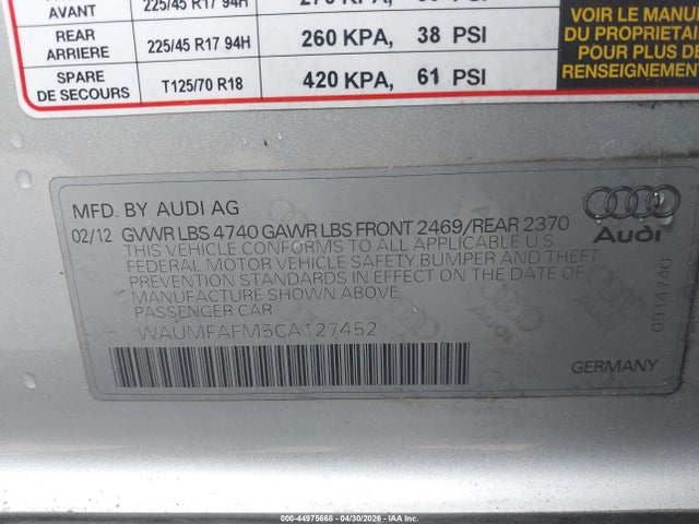 Aukcja sprzedaży 2012 Audi A3 2.0t Premium, vin: WAUMFAFM5CA127452, numer aukcji: 44975668