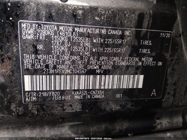 Aukcja sprzedaży 2021 Toyota Rav4 Le, vin: 2T3H1RFV2MC104547, numer aukcji: 44975675