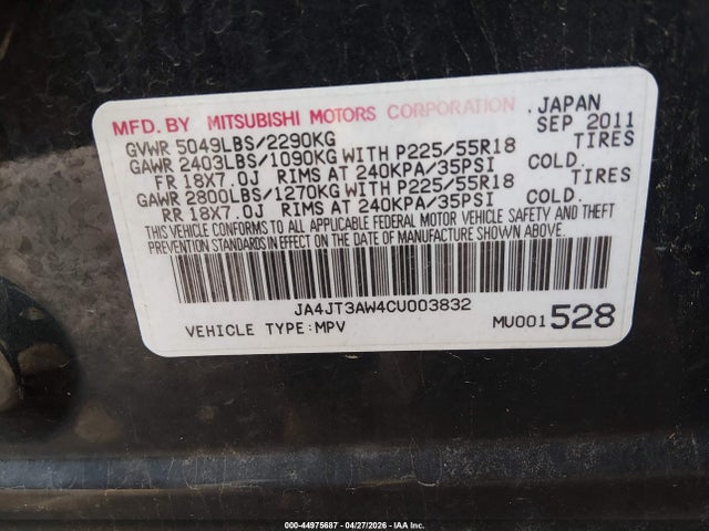 Продажа на аукционе авто 2012 Mitsubishi Outlander Se, vin: JA4JT3AW4CU003832, номер лота: 44975687