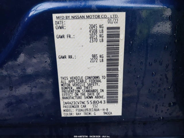 Aukcja sprzedaży 2022 Nissan Leaf Sv 40 Kwh, vin: 1N4AZ1CV7NC558043, numer aukcji: 44975706