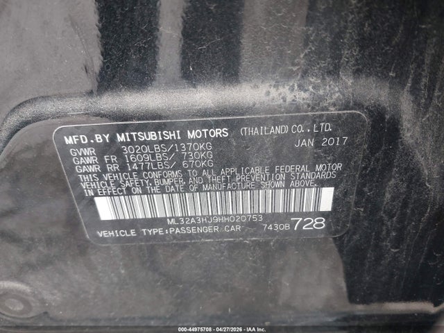 Продаж на аукціоні авто 2017 Mitsubishi Mirage Es, vin: ML32A3HJ9HH020753, номер лоту: 44975708