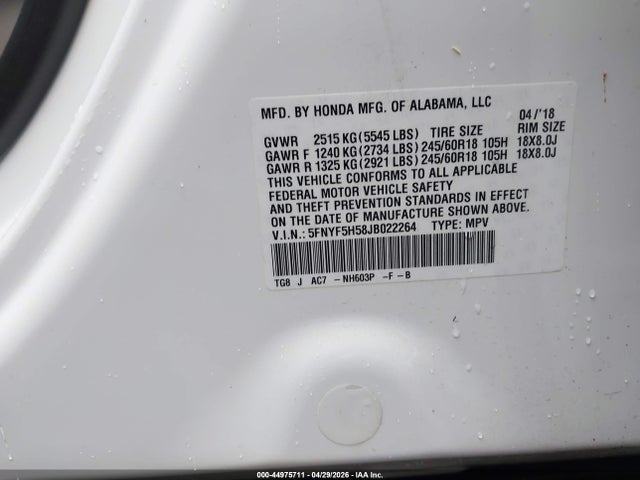 Aukcja sprzedaży 2018 Honda Pilot Ex-l, vin: 5FNYF5H58JB022264, numer aukcji: 44975711