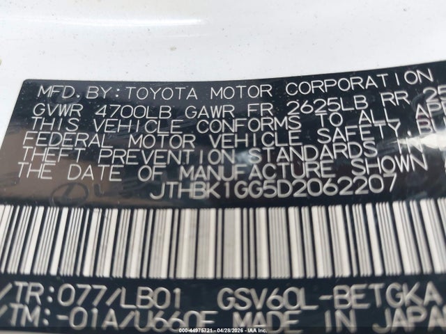44975721 :رقم المزاد ، JTHBK1GG5D2062207 vin ، 2013 Lexus Es 350 مزاد بيع